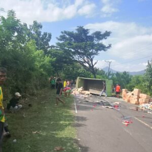 TRUK PENGANGKUT OBAT PERTANIAN TERGULING DI PAJO, POLISI SIGAP AMANKAN LOKASI