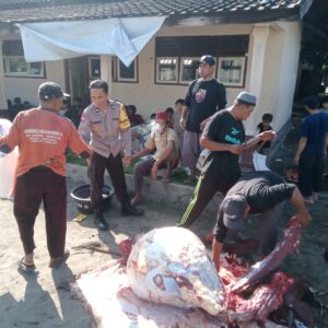 Bhabinkamtibmas Desa Tirtanadi Monitoring Pemotongan dan Pembagian Daging Qurban