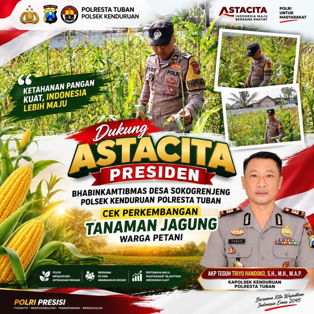 Dukung Astacita Presiden, Bhabinkamtibmas Desa Sokogrenjeng Polsek Kenduruan Polresta Tuban Cek Perkembangan Tanaman Jagung Warga